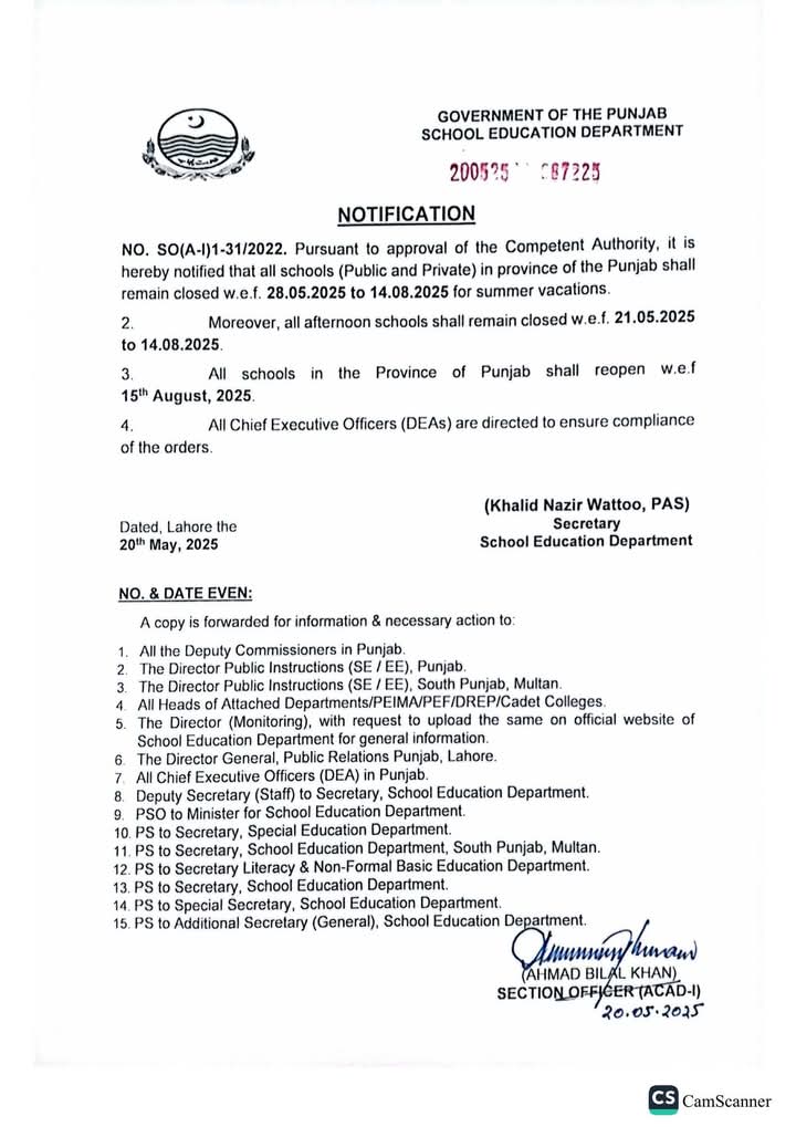 Punjab School Summer Vacation 2025 Notification